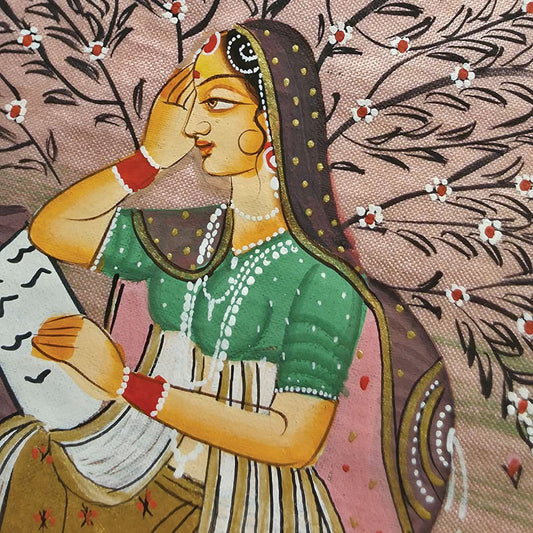 Lady with a peacock- Handpainted Miniature 16.5 x 11.5 cms