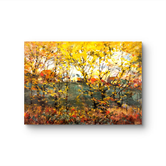 Painting of a forest scene with autumn colors on a white background