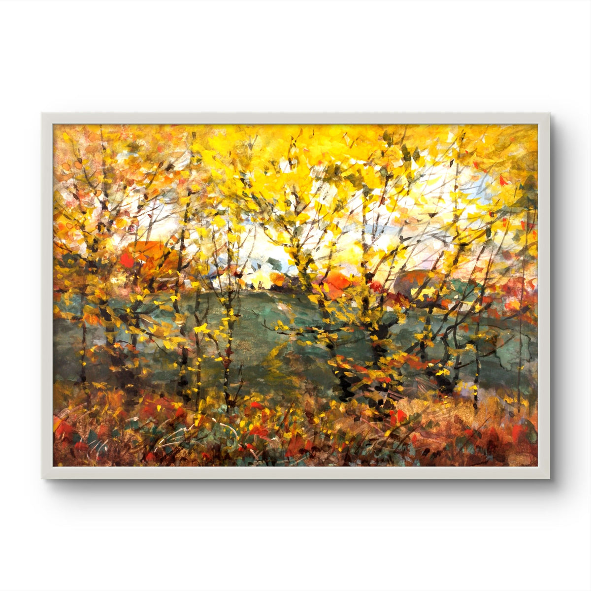 Framed painting of a colorful autumn landscape with trees and a house.