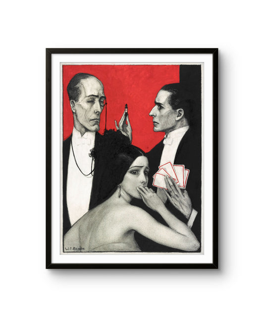 Framed artwork of three people in formal attire with a red background