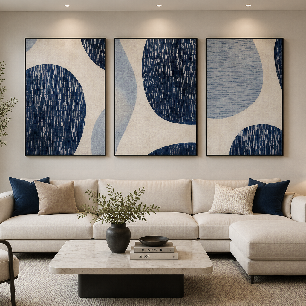 A modern living room featuring a three-panel abstract wall art set with navy blue and beige organic shapes, hung above a cream sectional sofa with matching accent pillows.