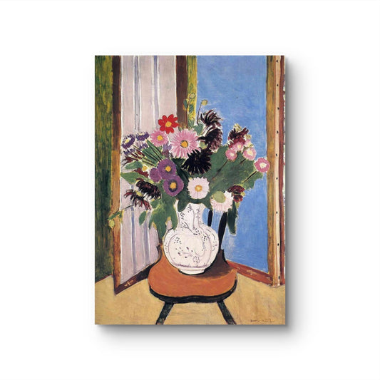 Famous painting of a vase with flowers in front of an open window