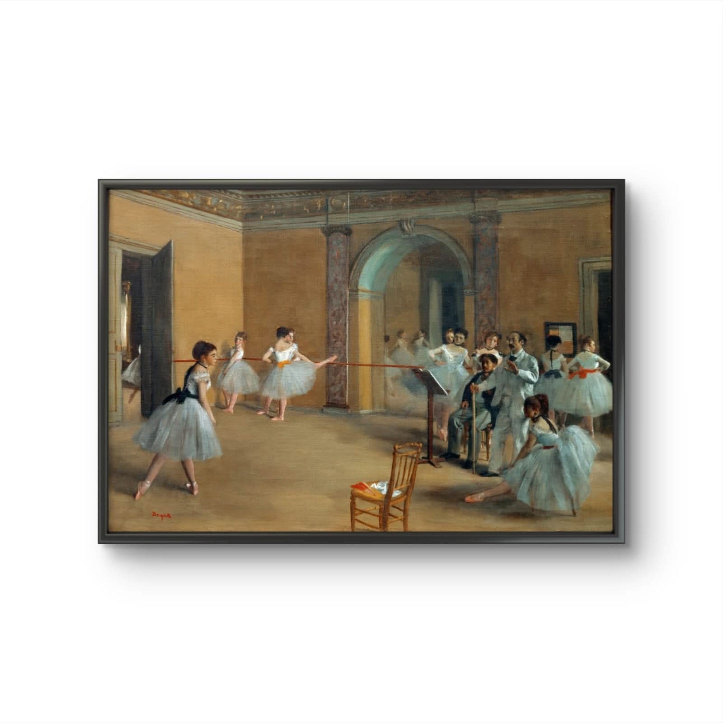 Framed painting of a ballet class with dancers and a teacher.