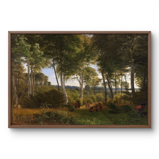 Framed painting of a forest scene with people and animals.