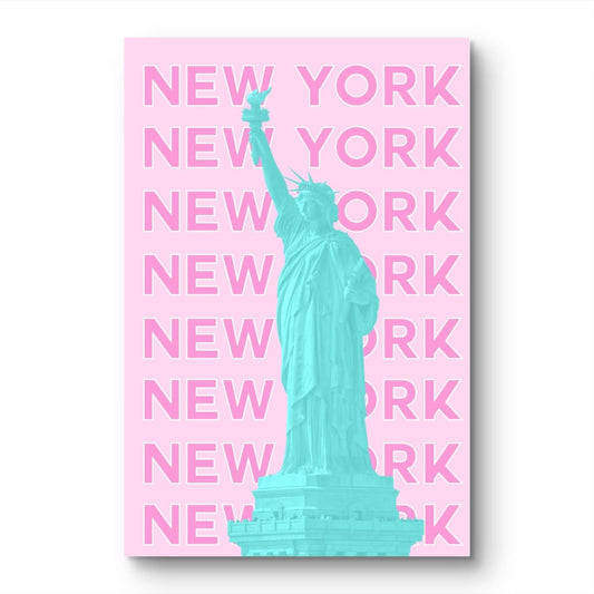 Turquoise Statue of Liberty on a pink background with 'New York' text