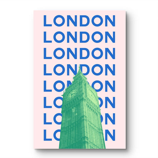 Poster with 'LONDON' text repeated in blue on a pink background, featuring an image of Big Ben.