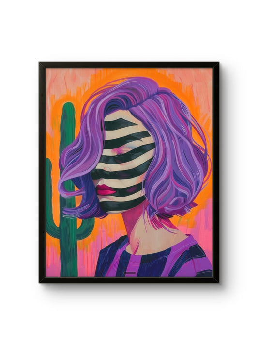 Framed artwork of a person with purple hair and striped face against an orange background with cacti.