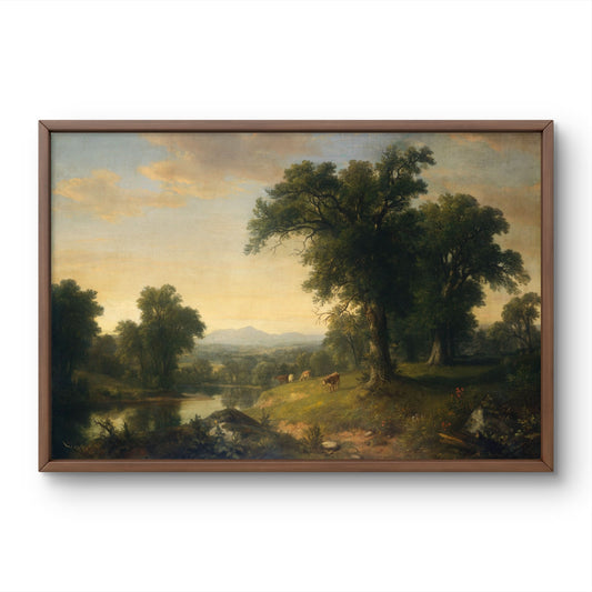 Landscape painting with trees and a lake, framed in brown.