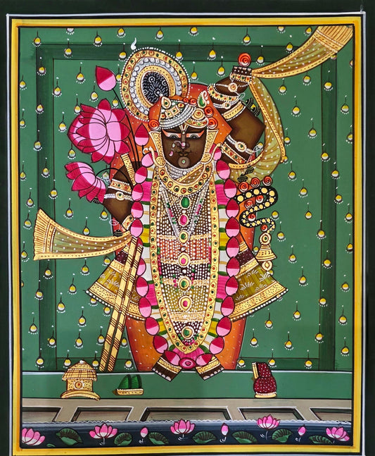 Shrinathji Shringar - Emerald Pichwai – hand-painted Pichwai on art paper, 9 x 11 inch, full view (unframed)