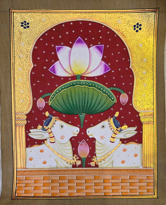 Twin Gaumata Under the Golden Arch - Maroon Pichwai – hand-painted Pichwai on cloth, 11.5 x 14 inch, full view (unframed)