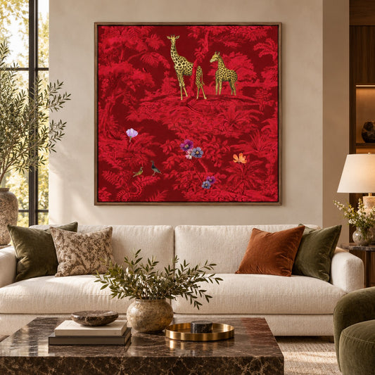 Crimson Savannah floating canvas wall art styled in a luxury interior