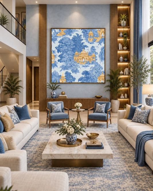 Indigo Palace Pavilions floating canvas wall art styled in a luxury interior