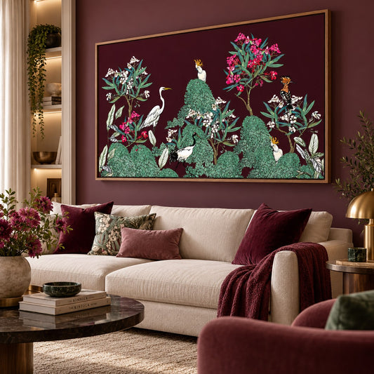 Plum Chinoiserie Aviary floating canvas wall art styled in a luxury interior