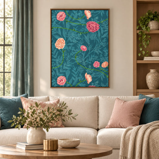 Teal Carnation Trellis floating canvas wall art styled in a luxury interior