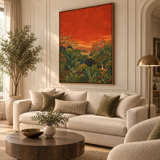 Vermilion Dusk floating canvas wall art styled in a luxury interior