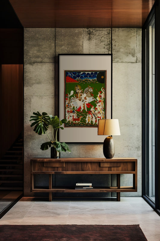 Royal Procession of the Maharaja framed print above a walnut console in a concrete hallway