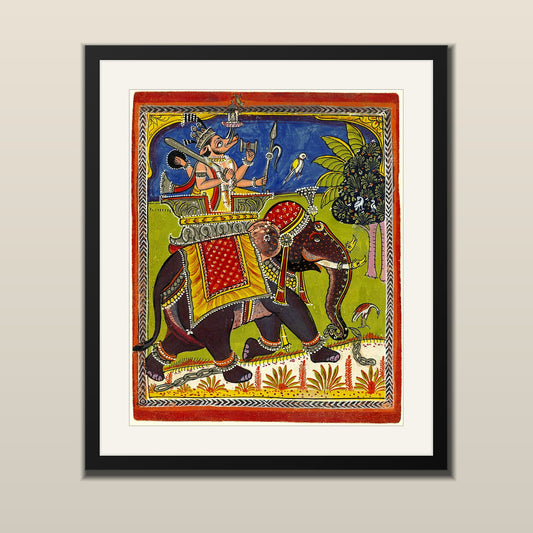 Indian folk painting of Lord Varaha riding a decorated elephant, in a black frame with white mount
