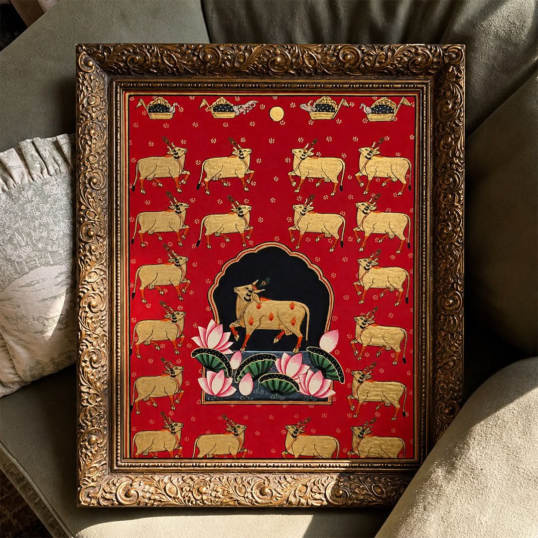 21 x 28.5 cms Hand-painted Pichwai Cow with Gold cows