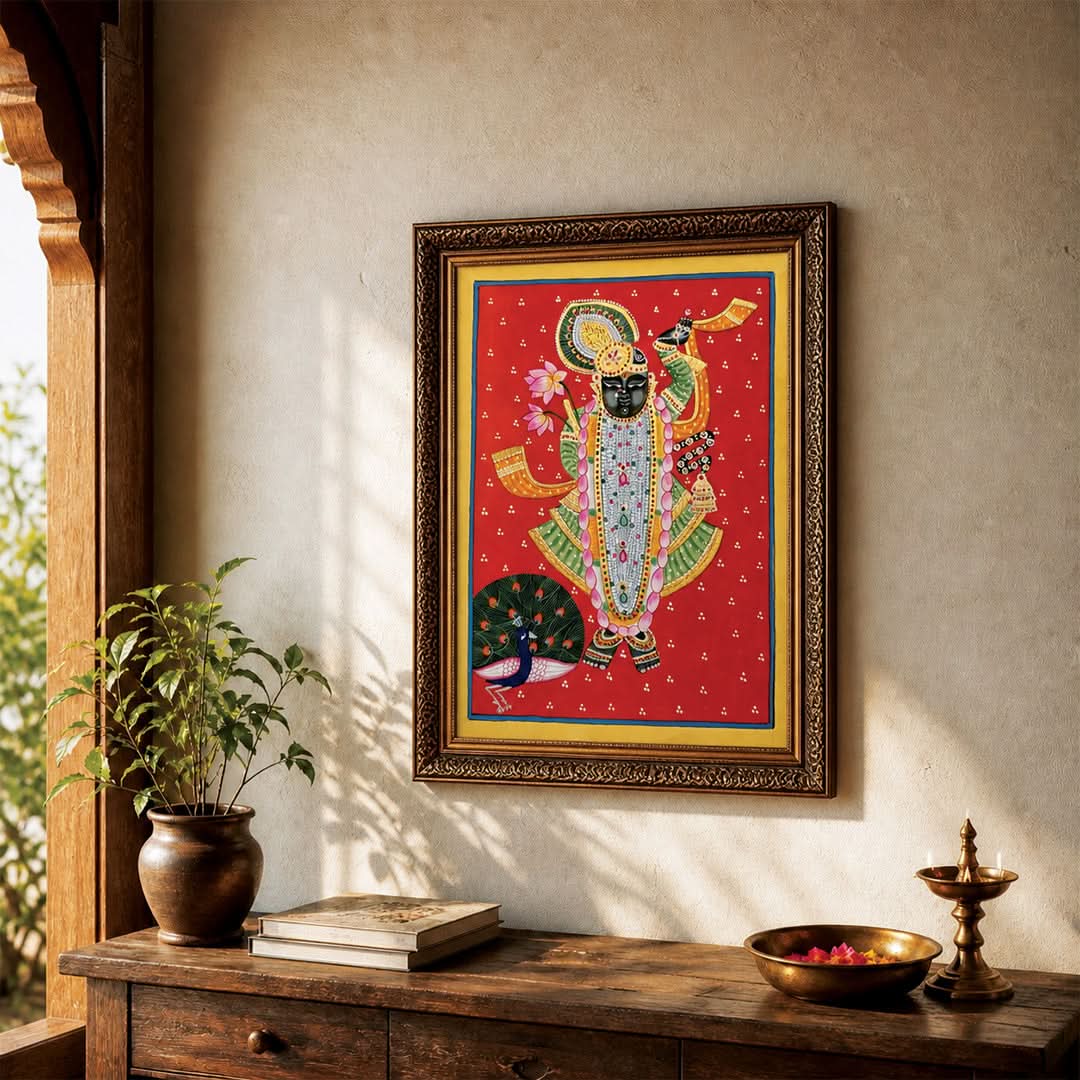 Handpainted Shrinathji with peacock - Unframed