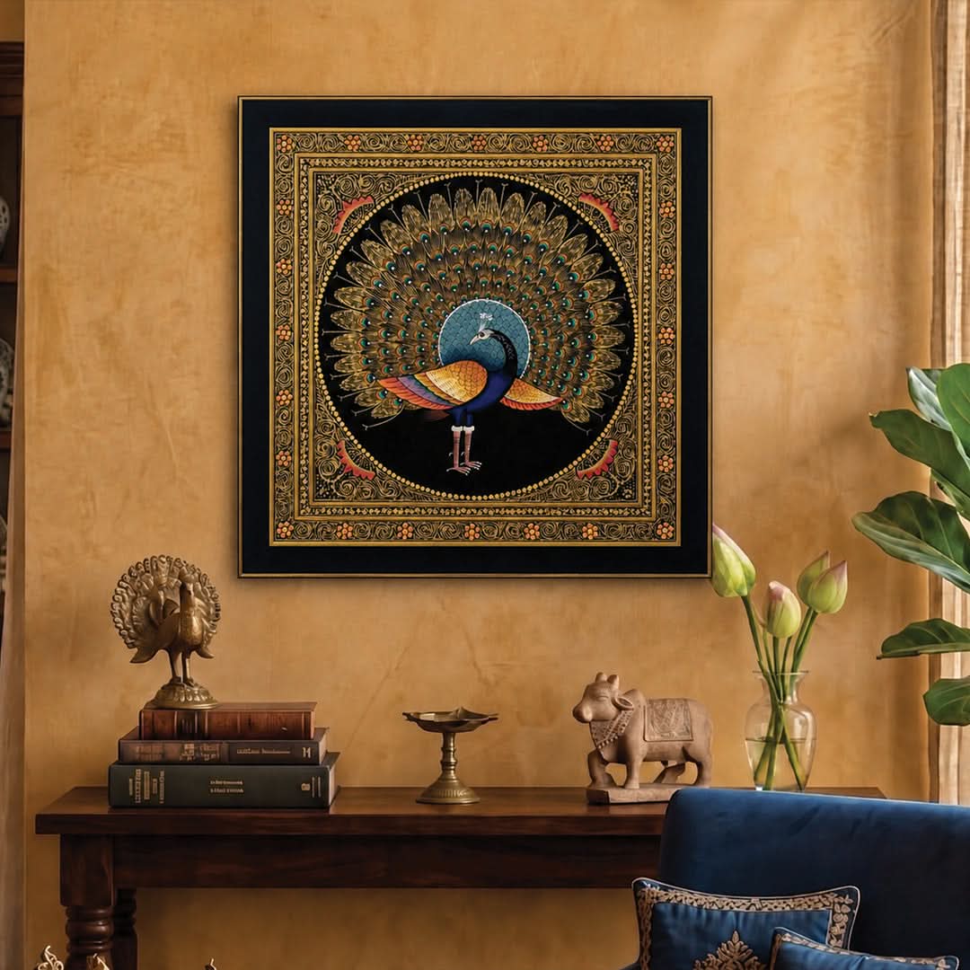 Handpainted Golden Peacock 9" x 9"