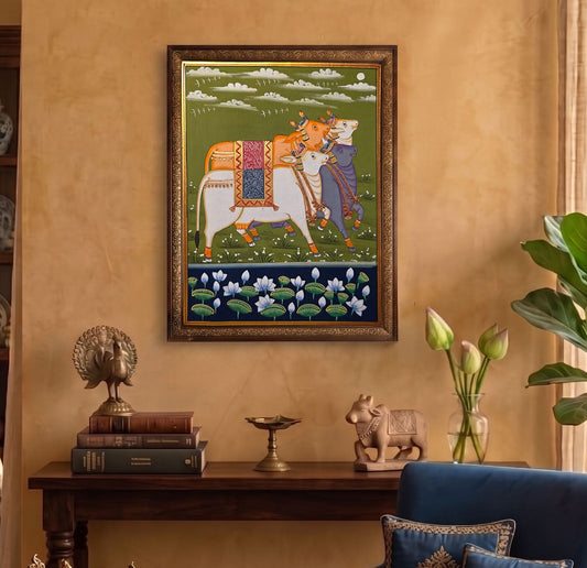 Handpainted- Four Pichwai Cows on green backdrop (Unframed)