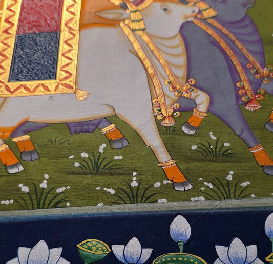 Handpainted- Four Pichwai Cows on green backdrop (Unframed)