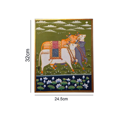 Handpainted- Four Pichwai Cows on green backdrop (Unframed)