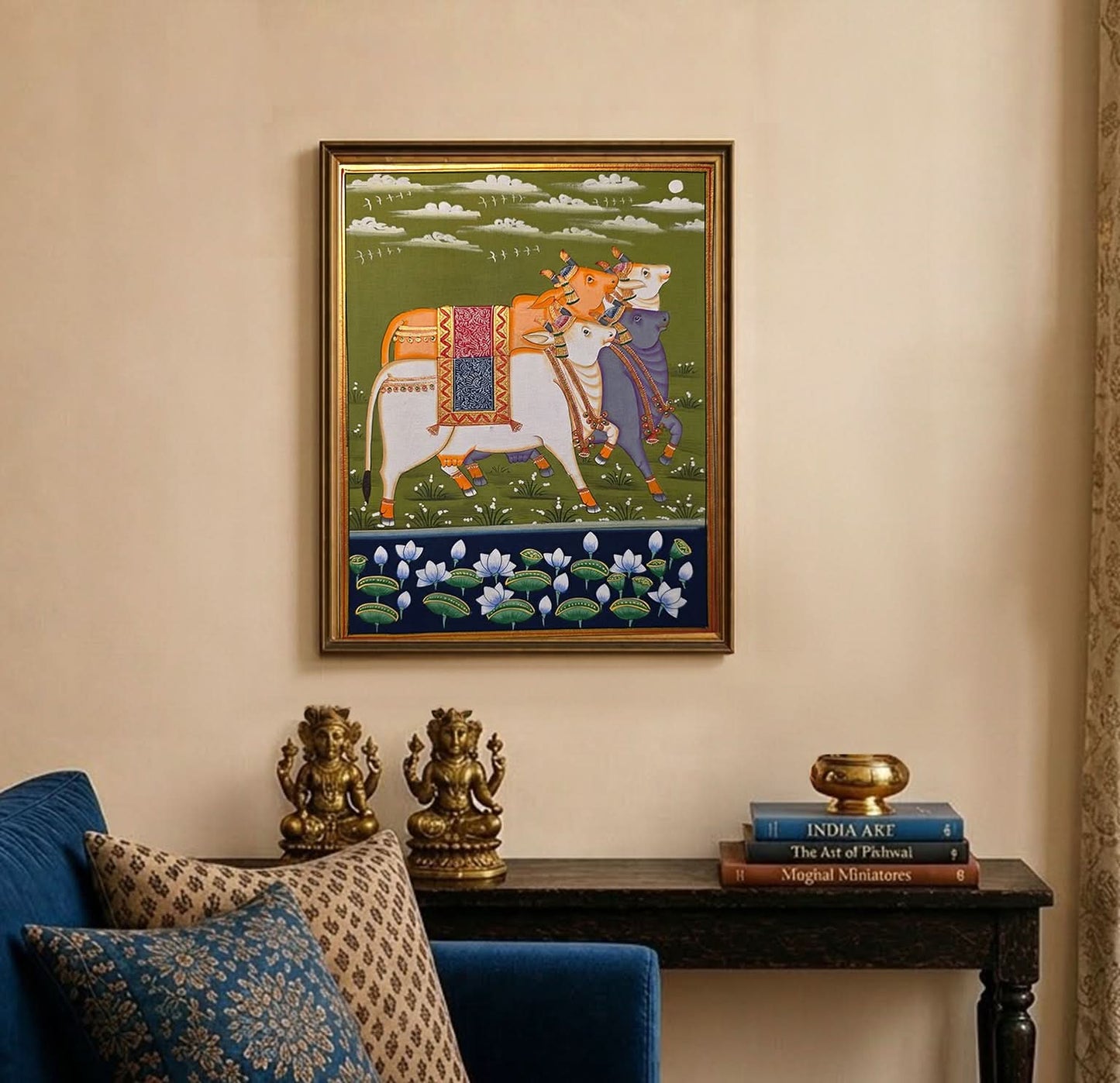 Handpainted- Four Pichwai Cows on green backdrop (Unframed)