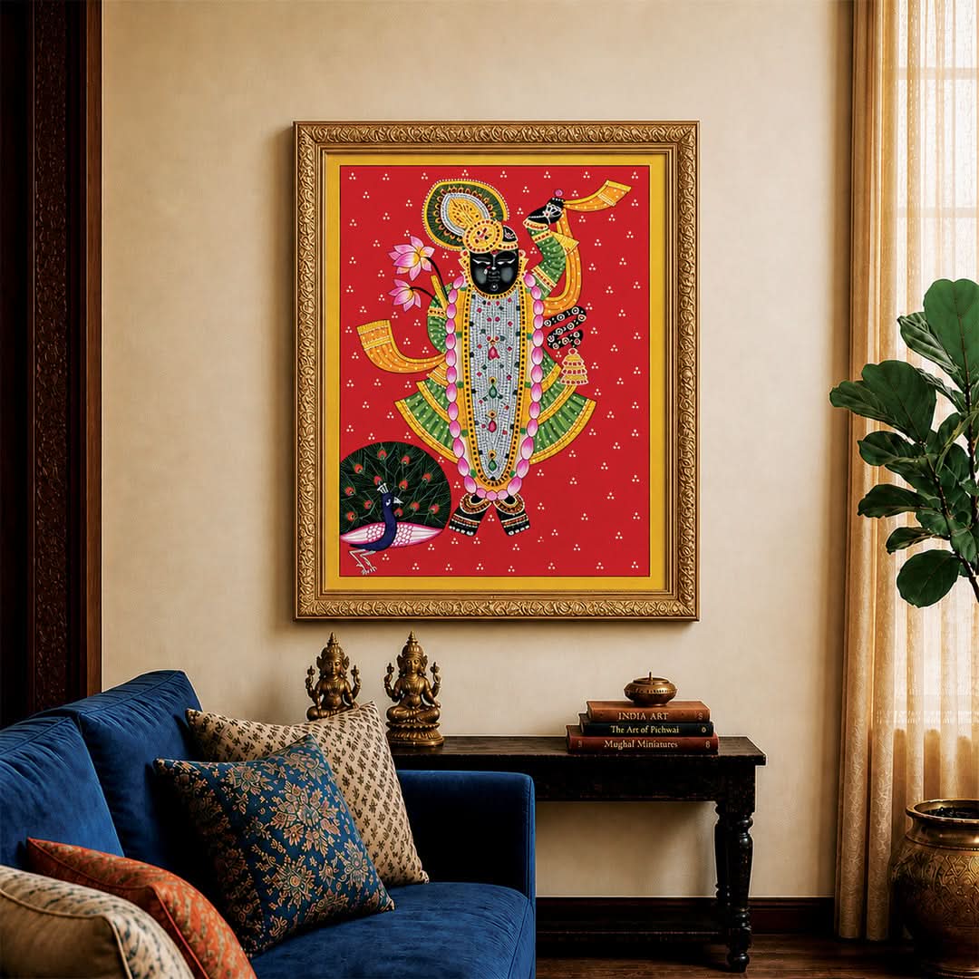 Handpainted Shrinathji with peacock - Unframed