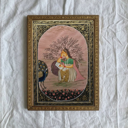 Lady with a peacock- Handpainted Miniature 16.5 x 11.5 cms