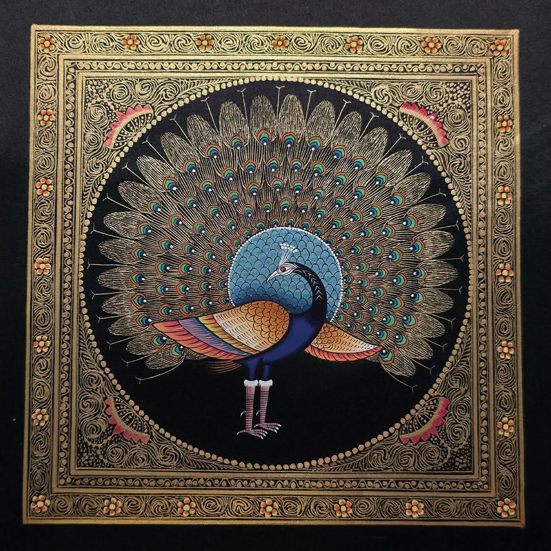 Handpainted Golden Peacock 9" x 9"