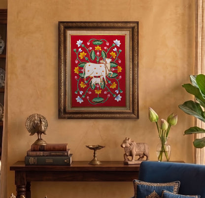 32 x 24 cms Hand-painted Pichwai Cow with Lotuses