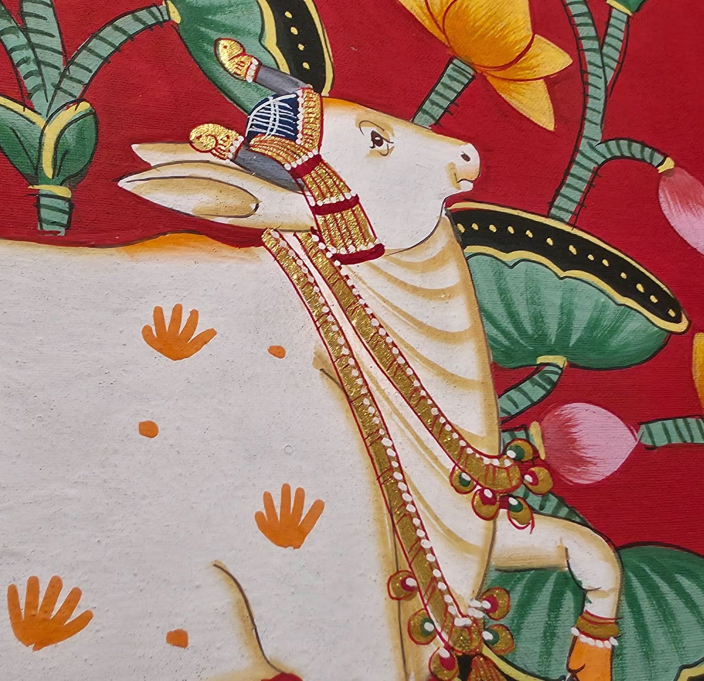 32 x 24 cms Hand-painted Pichwai Cow with Lotuses