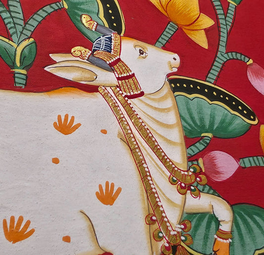 32 x 24 cms Hand-painted Pichwai Cow with Lotuses