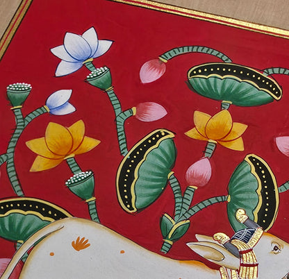 32 x 24 cms Hand-painted Pichwai Cow with Lotuses