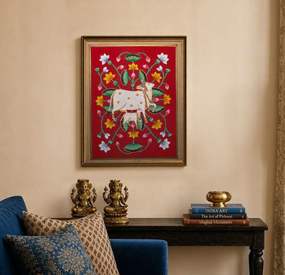 32 x 24 cms Hand-painted Pichwai Cow with Lotuses