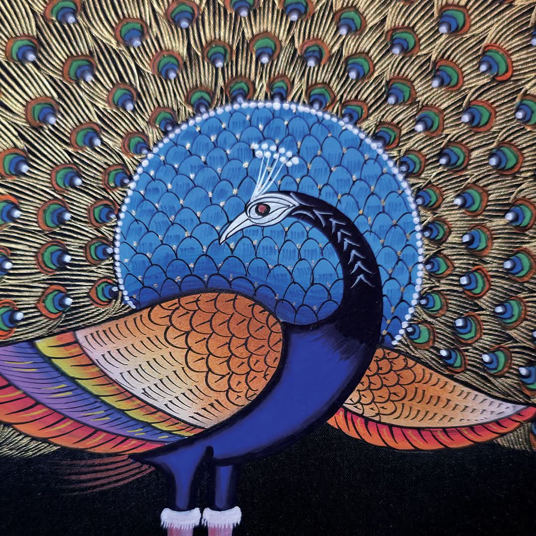 Handpainted Golden Peacock 9" x 9"