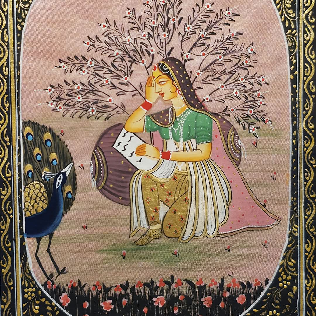 Lady with a peacock- Handpainted Miniature 16.5 x 11.5 cms