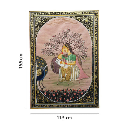Lady with a peacock- Handpainted Miniature 16.5 x 11.5 cms