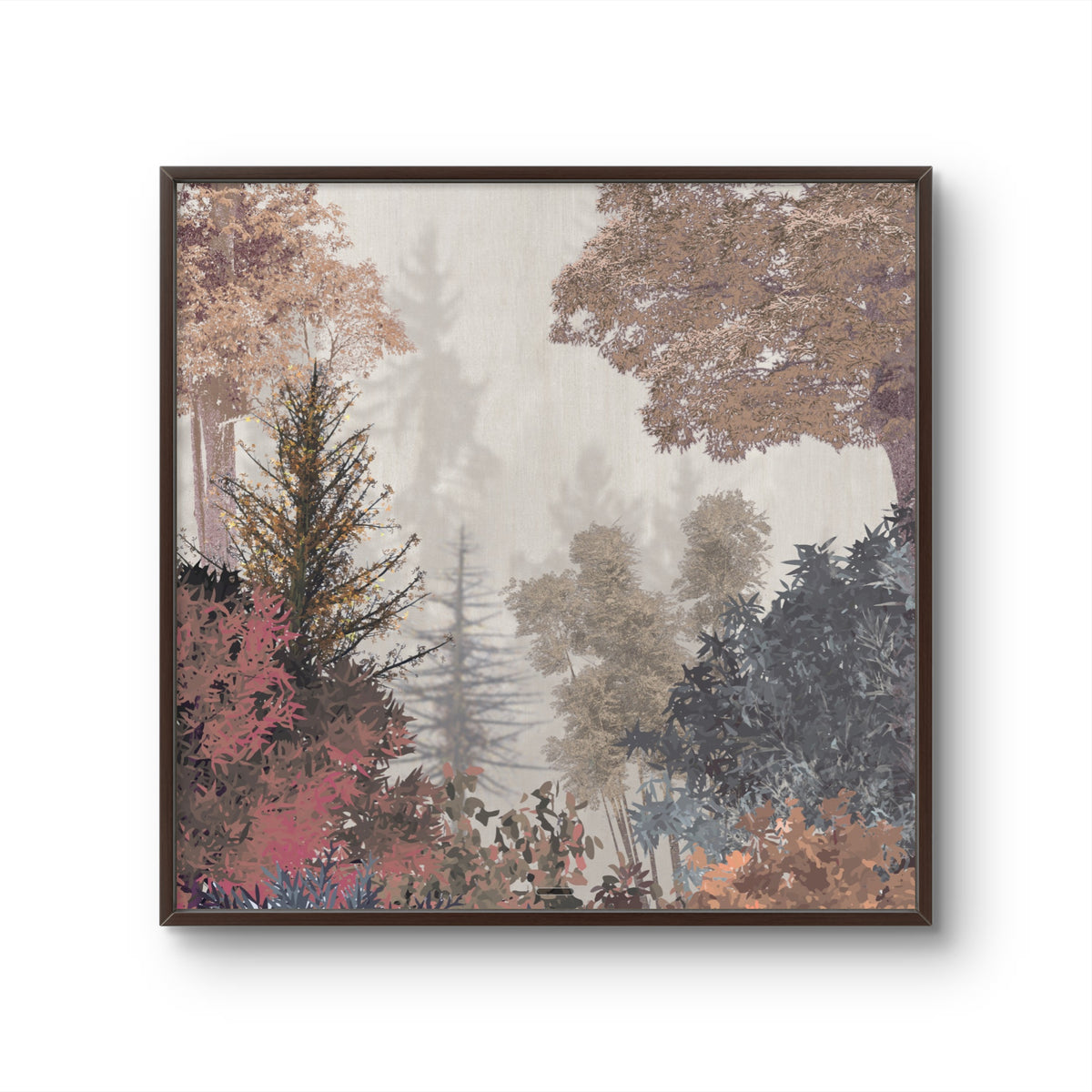 A framed square art print depicting a misty autumn forest with trees in shades of brown, beige, pink, and blue-gray, set against a clean white background.
