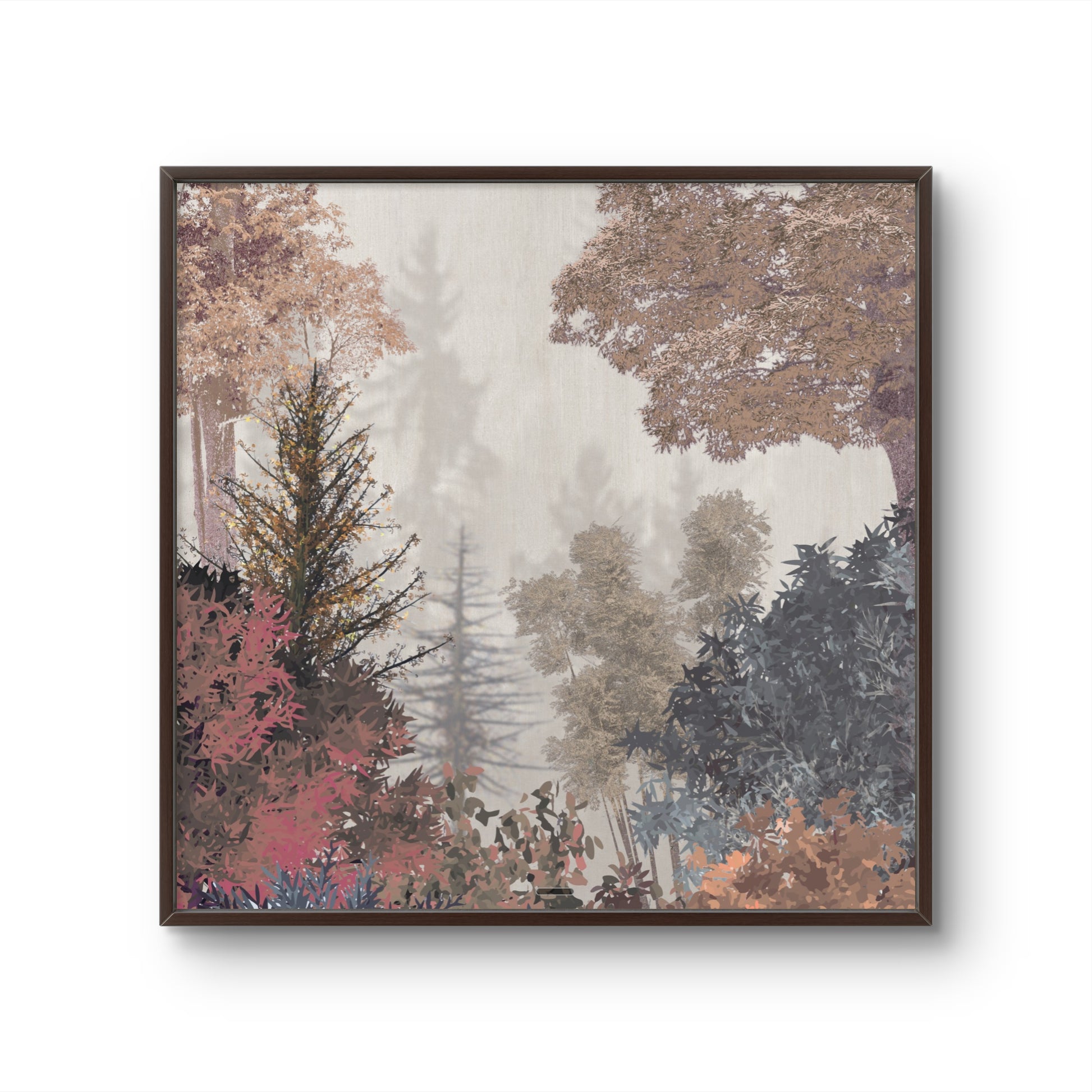 A framed square art print depicting a misty autumn forest with trees in shades of brown, beige, pink, and blue-gray, set against a clean white background.