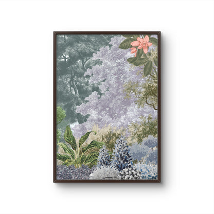 A framed botanical art print featuring a dense garden scene with lavender, green foliage, and a pink flower, displayed against a clean white background.