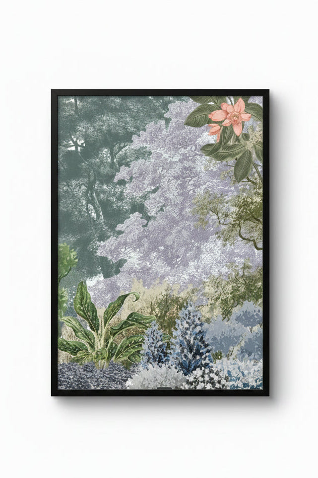 A framed botanical art print featuring a dense garden scene with lavender, green foliage, and a pink flower, displayed against a clean white background.