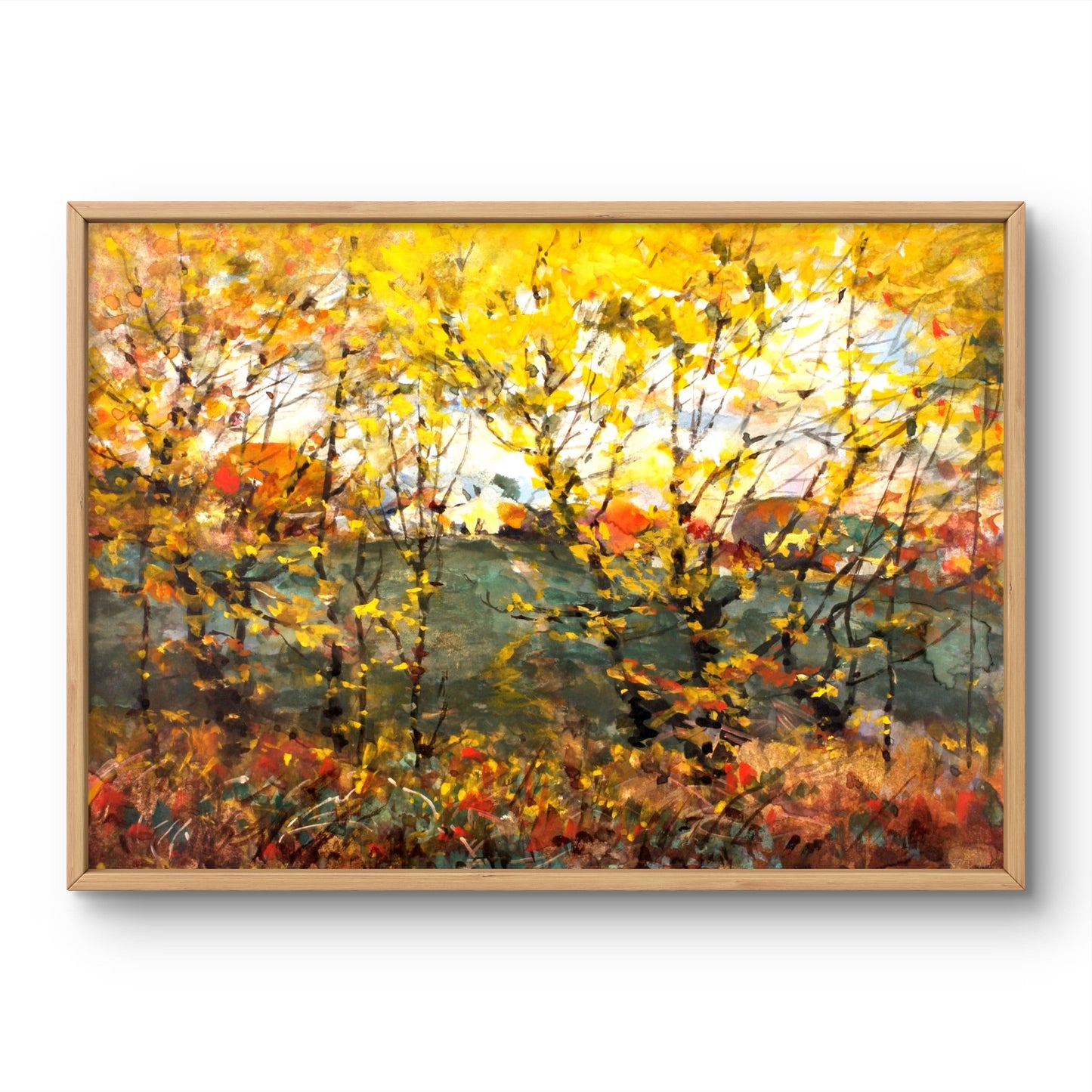 Framed painting of a colorful autumn landscape with trees and a clear sky.