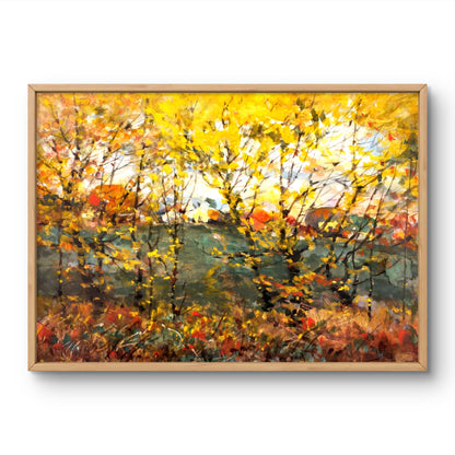 Framed painting of a colorful autumn landscape with trees and a clear sky.