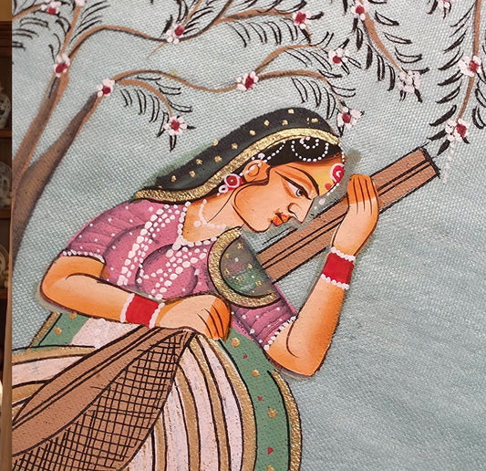 Lady with a deer & hand instrument- Handpainted Miniature 16.5 x 11.5 cms