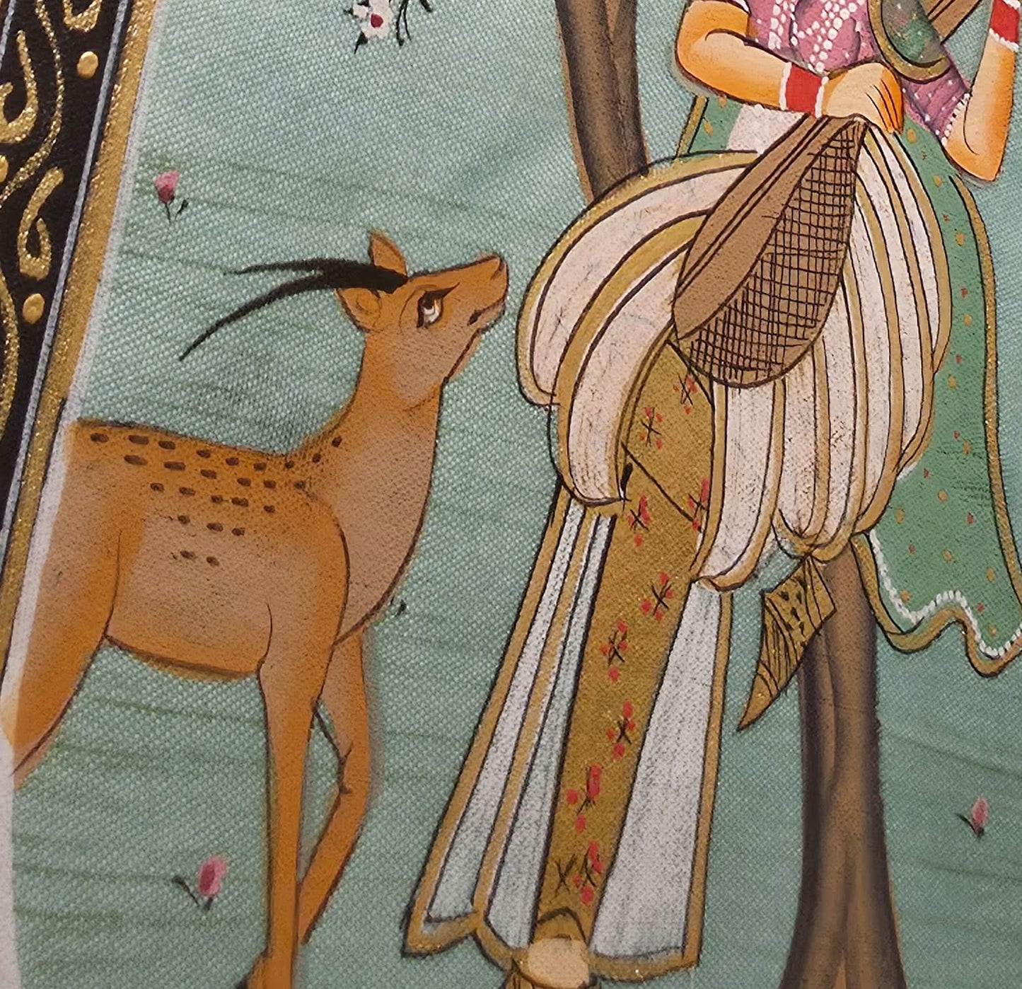 Lady with a deer & hand instrument- Handpainted Miniature 16.5 x 11.5 cms