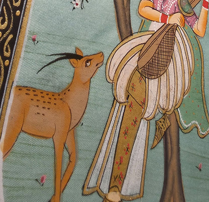 Lady with a deer & hand instrument- Handpainted Miniature 16.5 x 11.5 cms