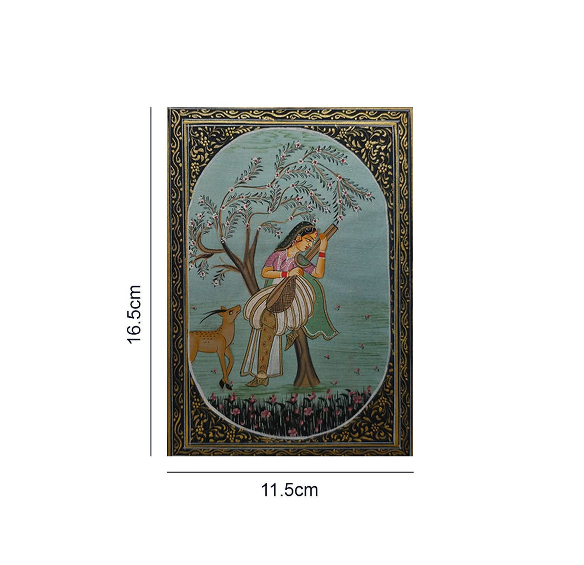 Lady with a deer & hand instrument- Handpainted Miniature 16.5 x 11.5 cms
