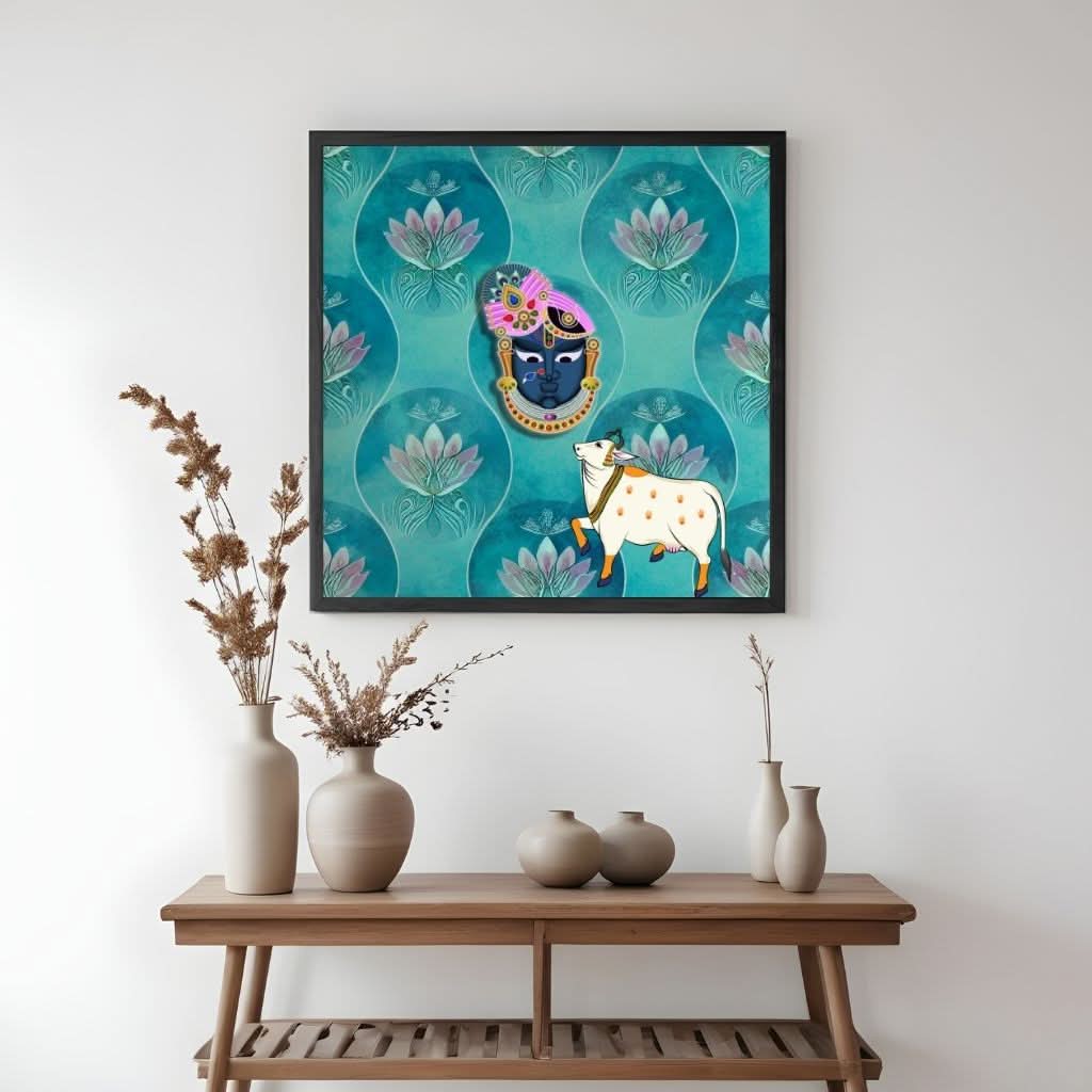 Pichwai Shrinathji against Aqua Floral background 9 x 9 inches